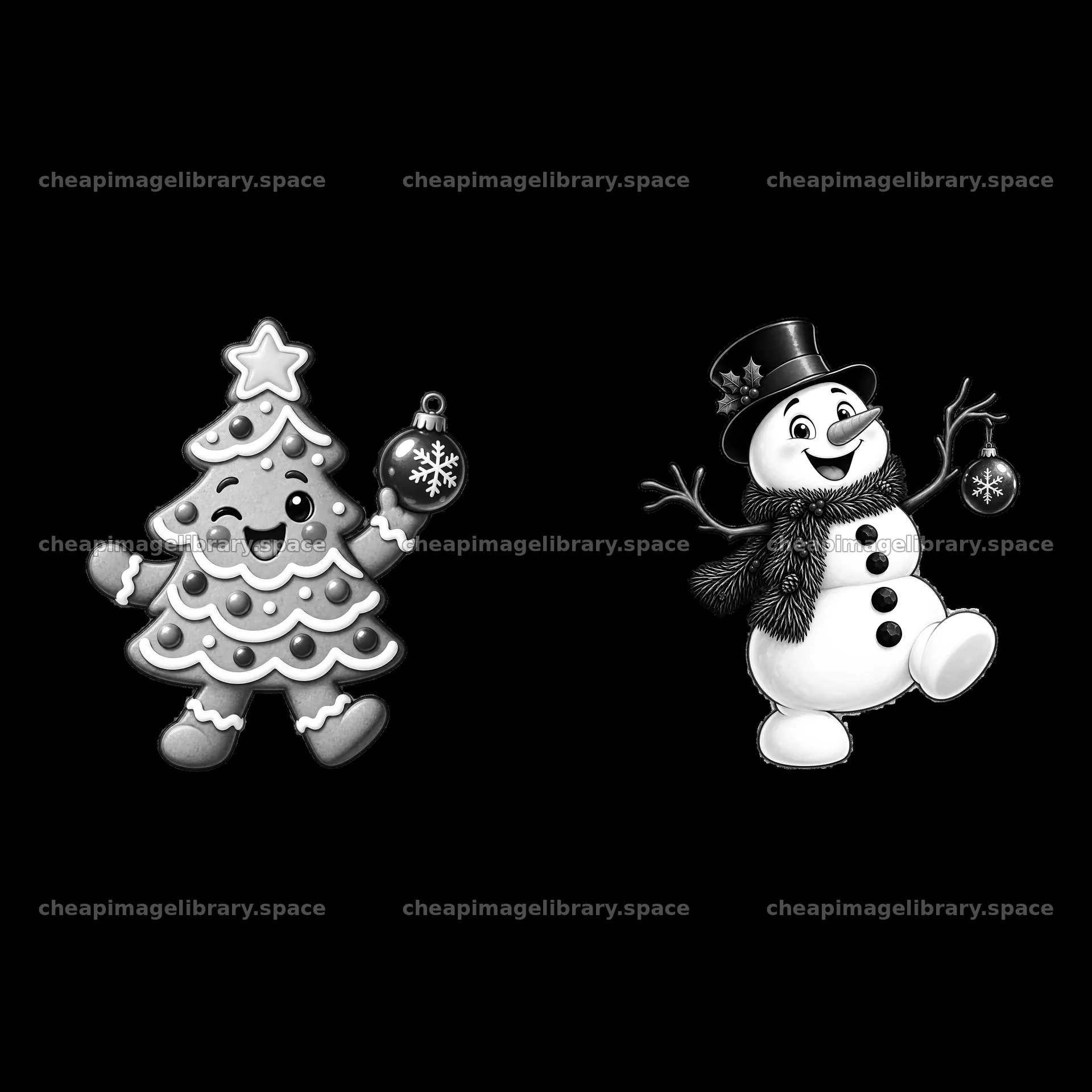 Cartoon Christmas tree and snowman holding ornaments – image library 7746x7746