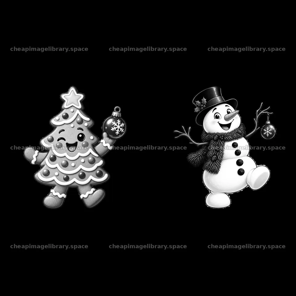 Cartoon Christmas tree and snowman holding ornaments – image library 7746x7746