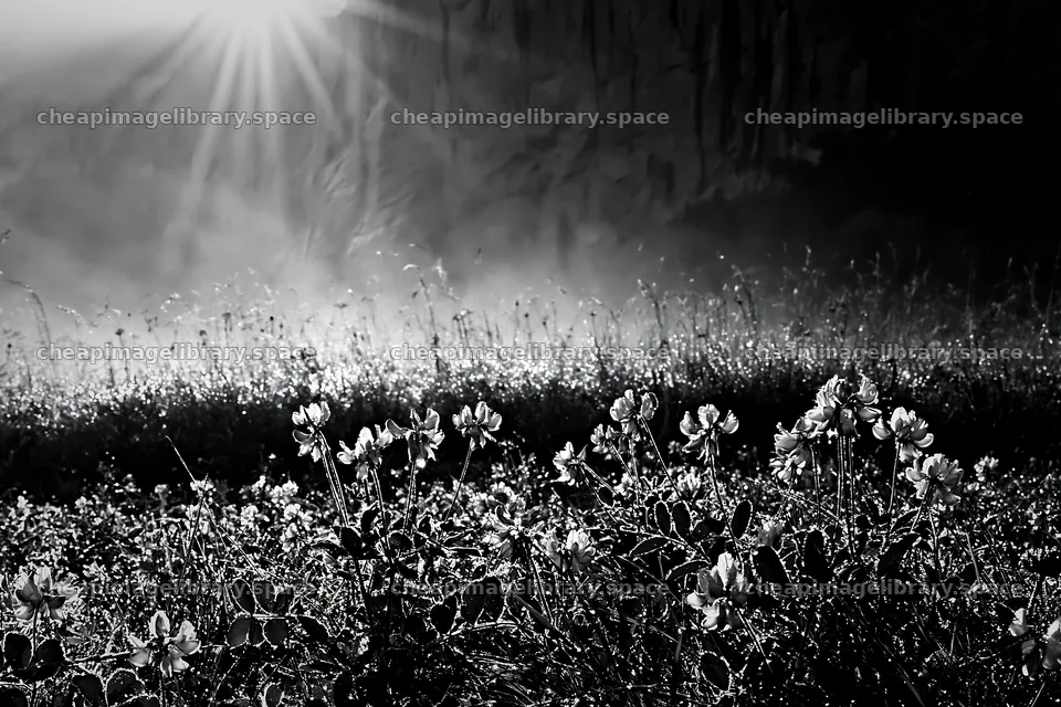 Light rays shine on flowers in Lauterbrunnen Valley meadow – image library 9722x6480