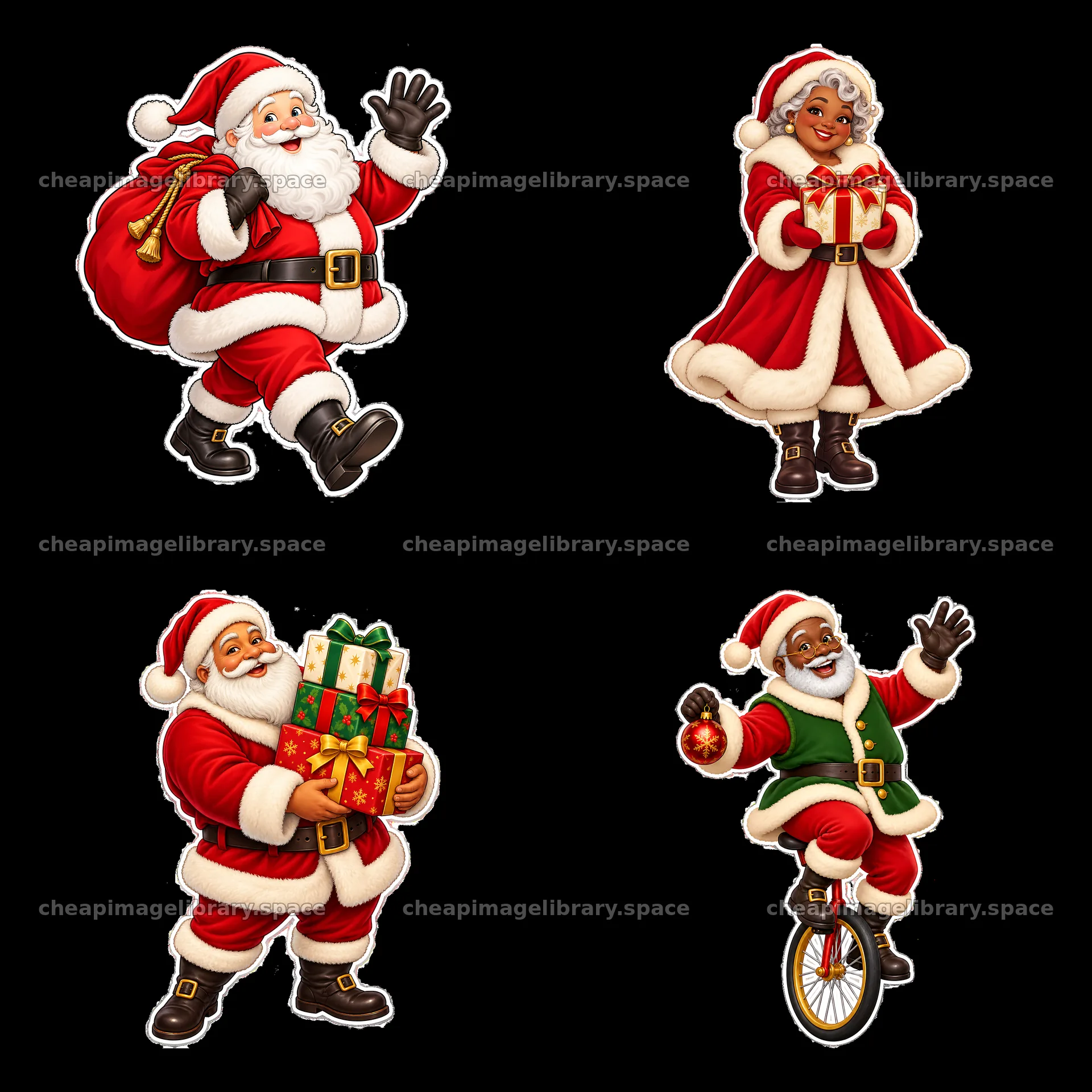 Santa Claus characters in festive poses for Christmas celebration – image library 7746x7746