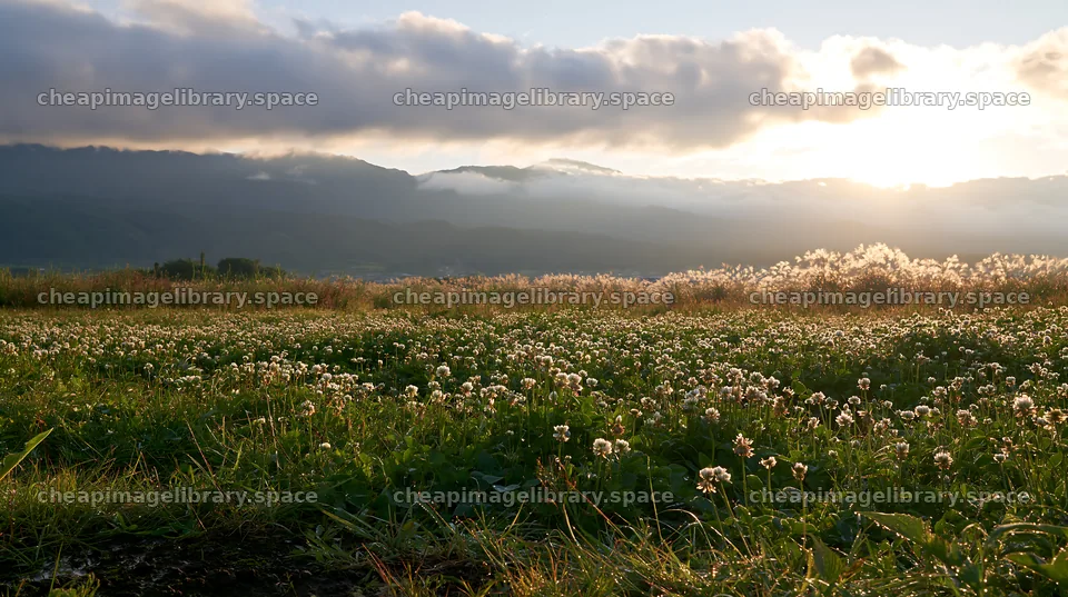 Shizuoka meadow after rain with flowers and mountain view – image library 10608x5938
