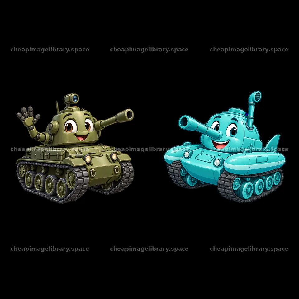 Cartoon tanks smiling and waving, one green and one blue – image library 7746x7746