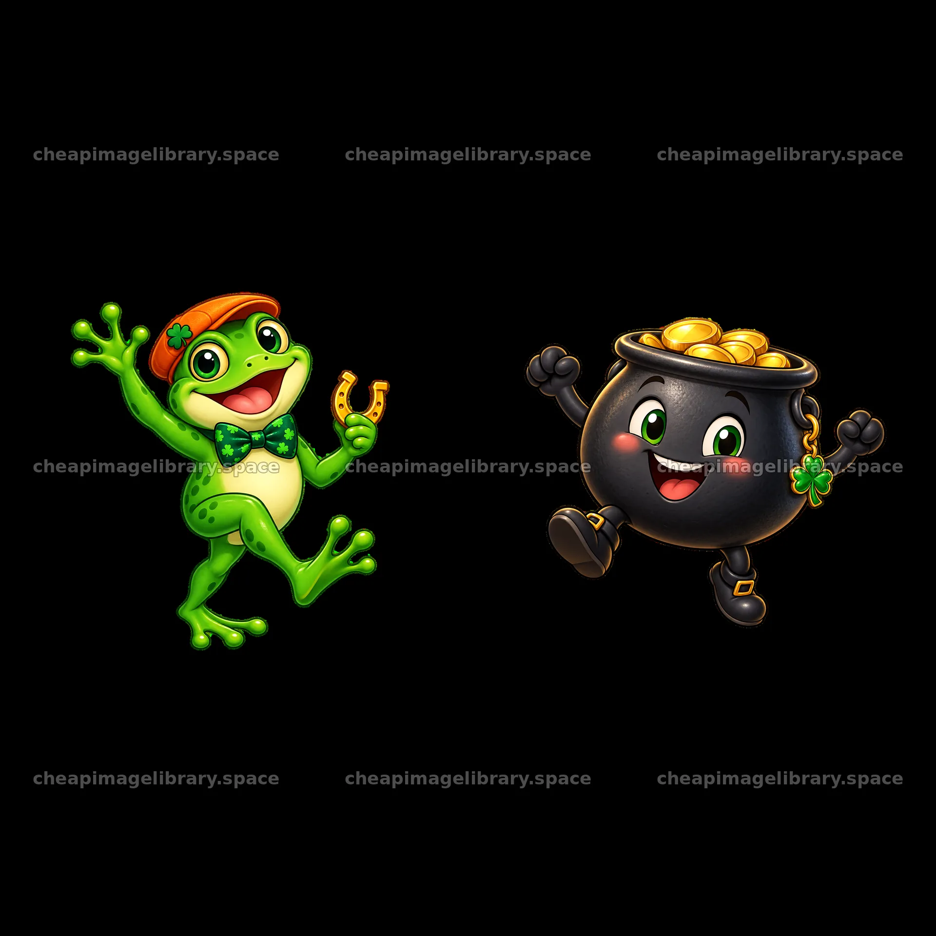 Happy frog with shamrock and pot of gold for St. Patrick's Day – image library 7746x7746