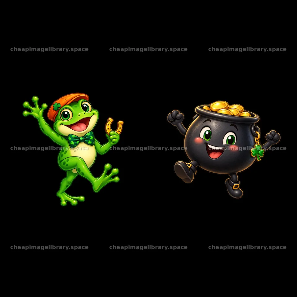 Happy frog with shamrock and pot of gold for St. Patrick's Day – image library 7746x7746