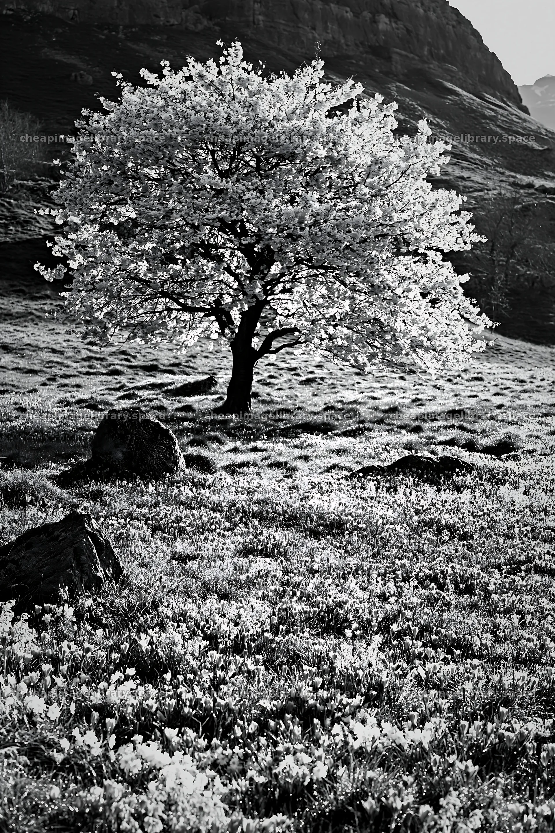 Cherry blossom tree in a meadow with spring flowers – image library 6480x9722