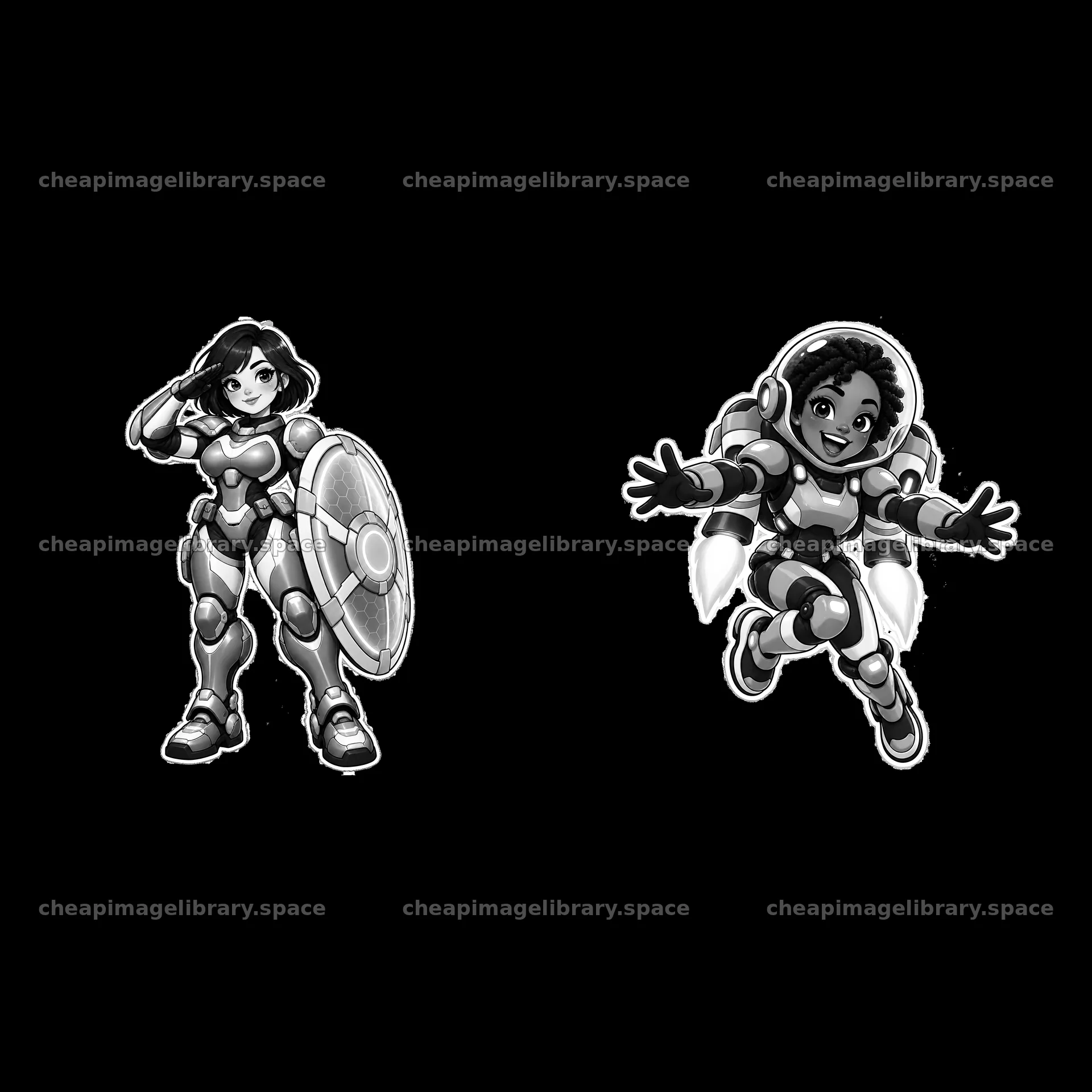 Kawaii futuristic super-soldiers with shield and jetpack pose – image library 7746x7746