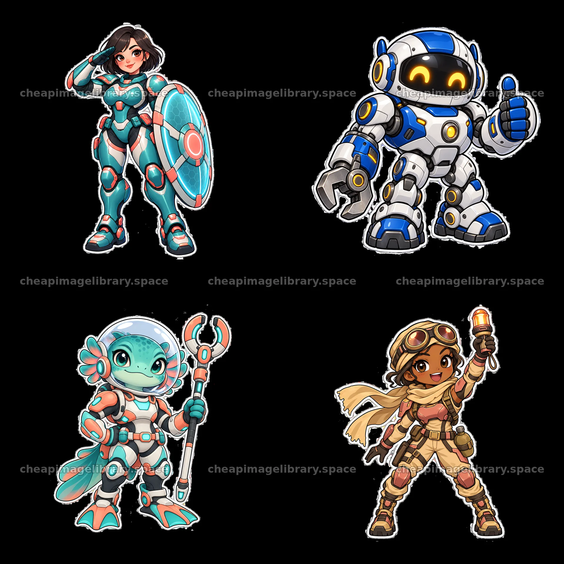 Kawaii futuristic super-soldier cartoon sticker set – image library 7746x7746