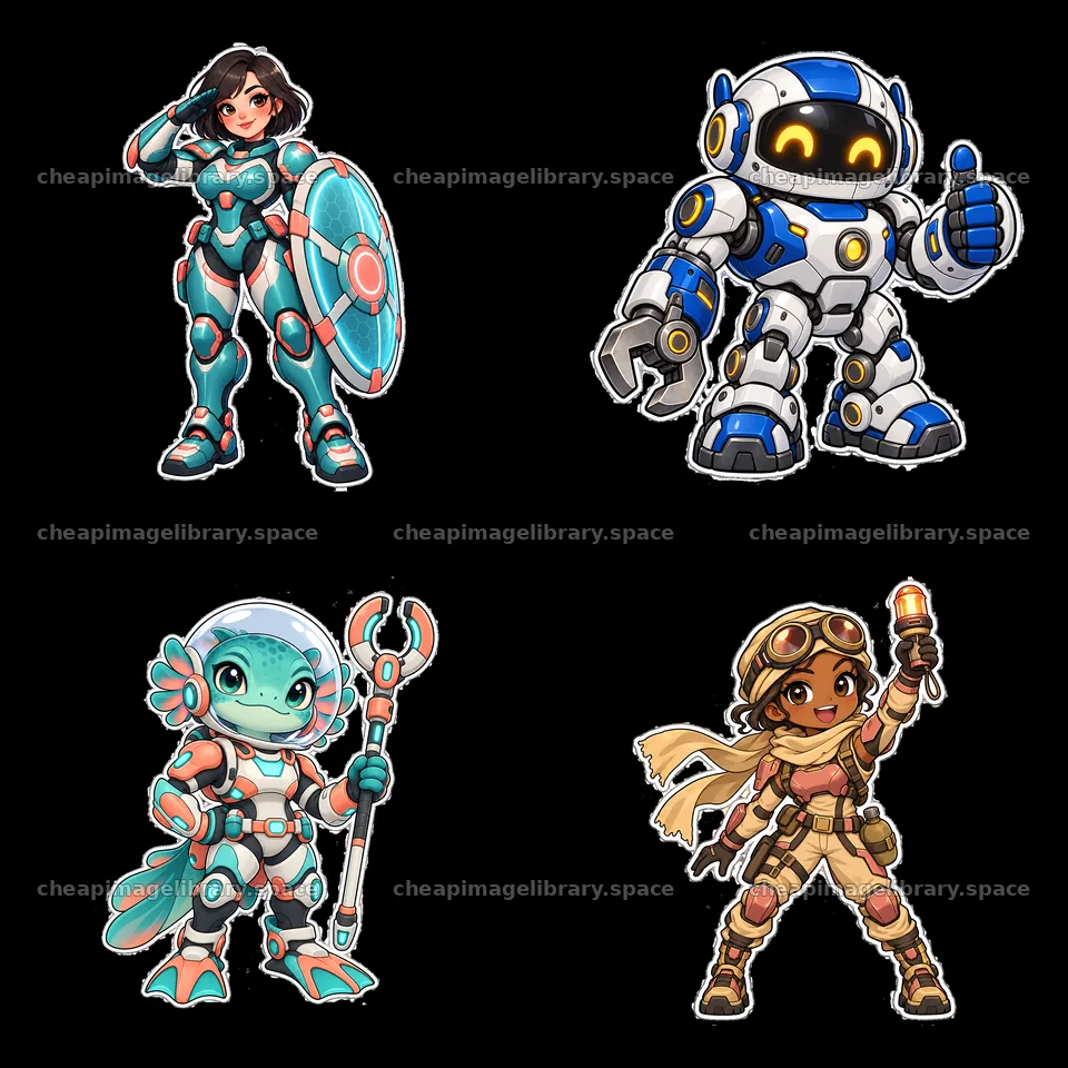 Kawaii futuristic super-soldier cartoon sticker set – image library 7746x7746