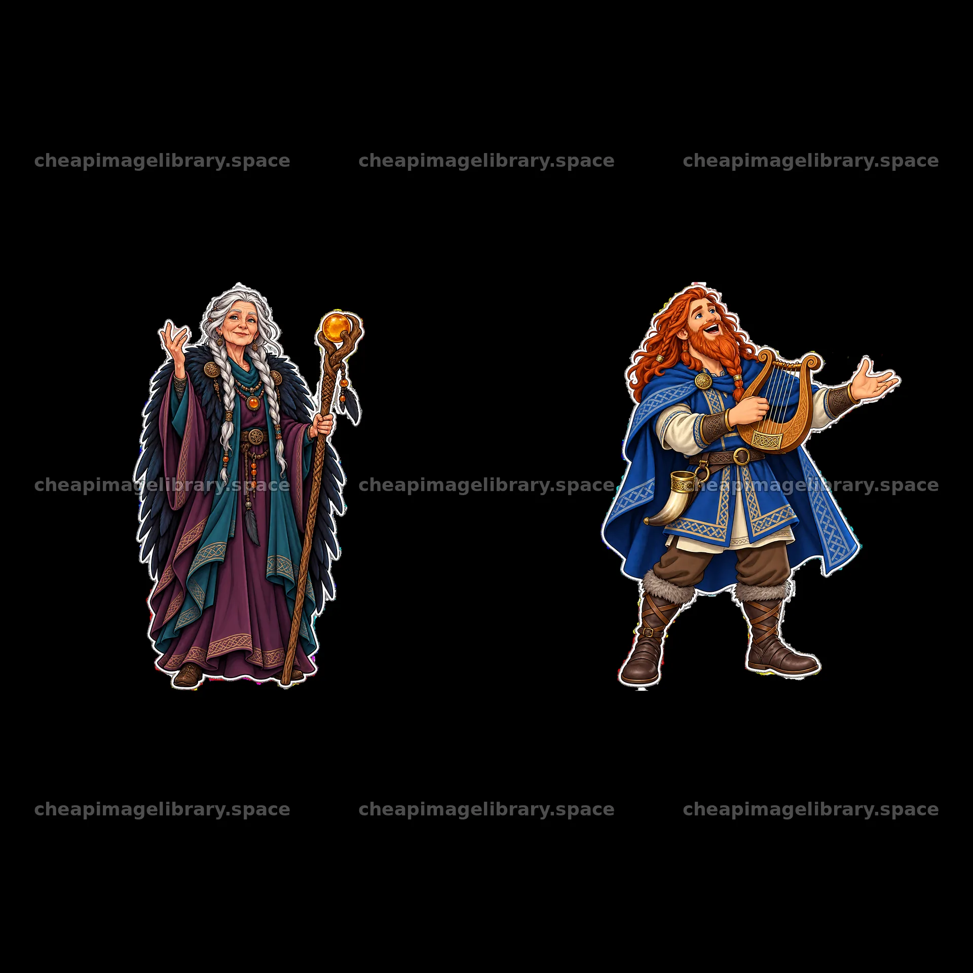 Odin's companion with a staff and musician with a harp – image library 7746x7746