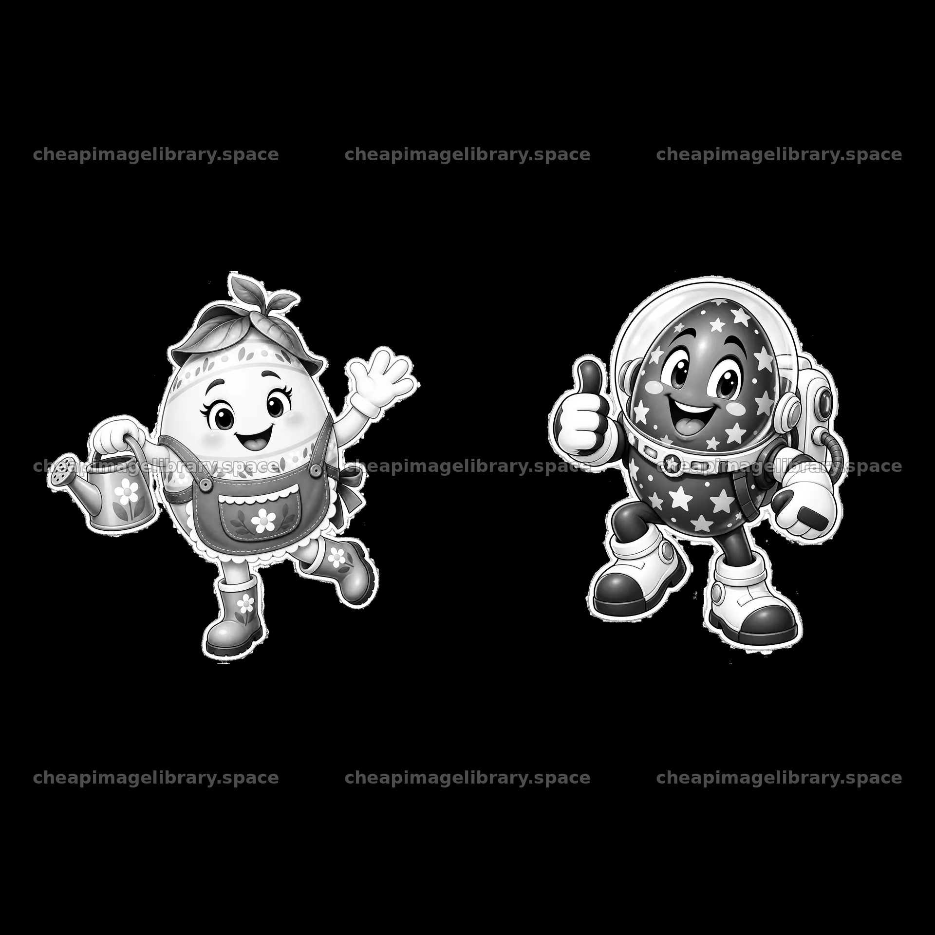 Cartoon Easter eggs with watering can and thumbs up gesture – image library 7746x7746
