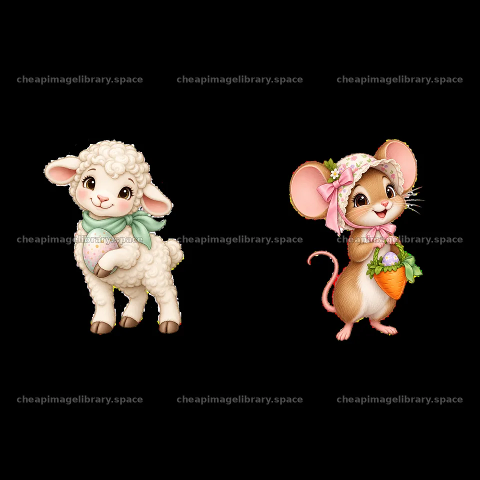Easter lamb and mouse carrying a carrot in a meadow setting – image library 7746x7746