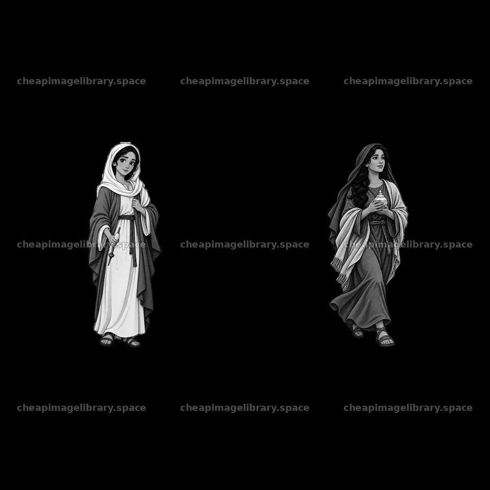 Women in biblical attire walking with robes and headscarves – image library 7746x7746
