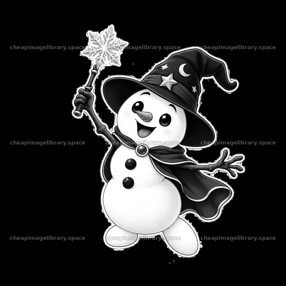 Snowman wearing a cape and hat, holding a wand with snowflake – image library 7746x7746