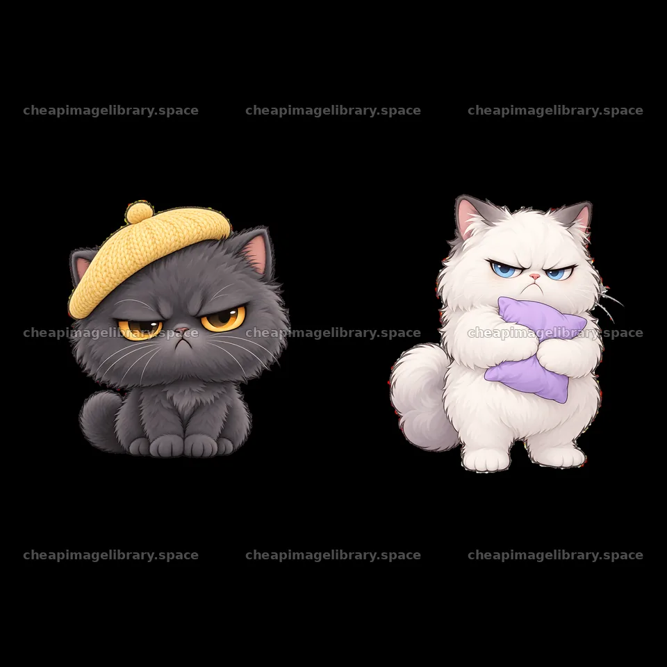 Kawaii grumpy cat duo with accessories and distinct poses – image library 7746x7746