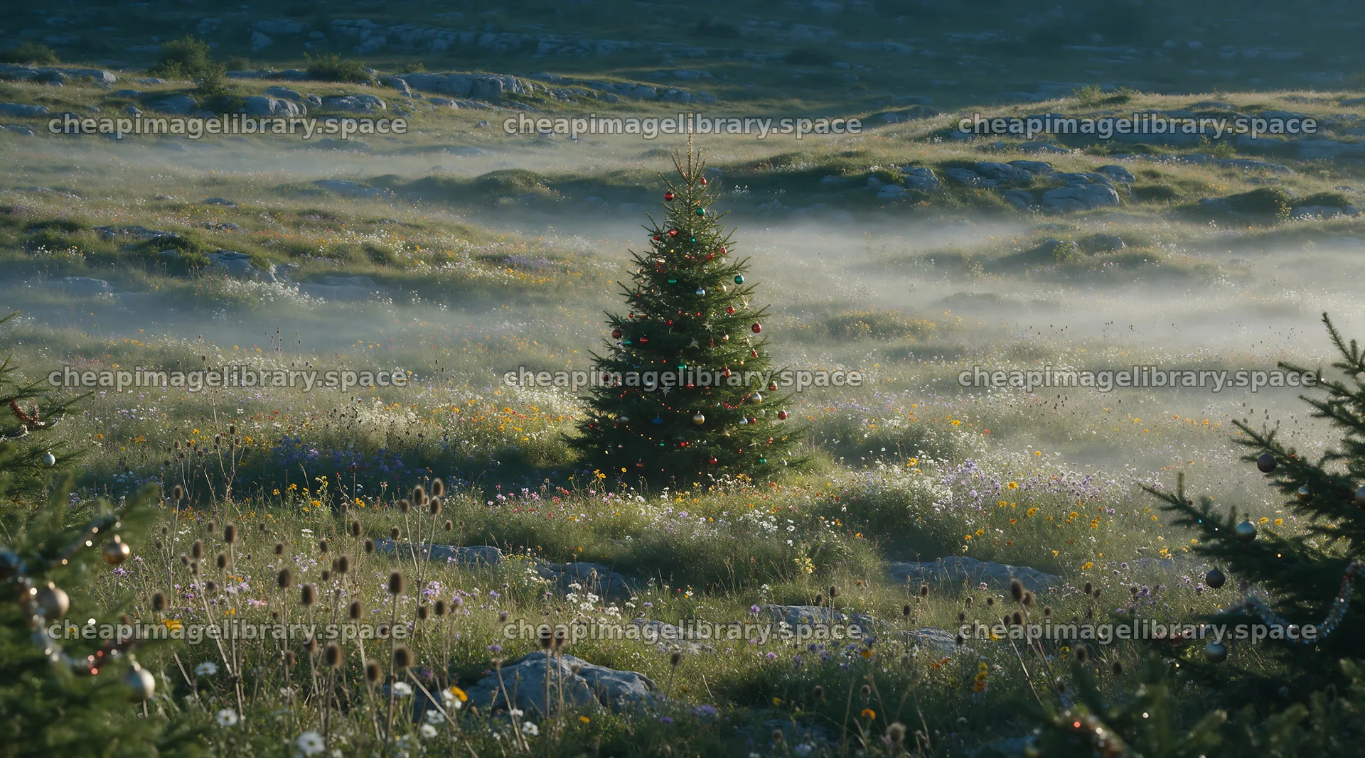 Vibrant Christmas tree in misty meadow surrounded by wildflowers – image library 10648x5916