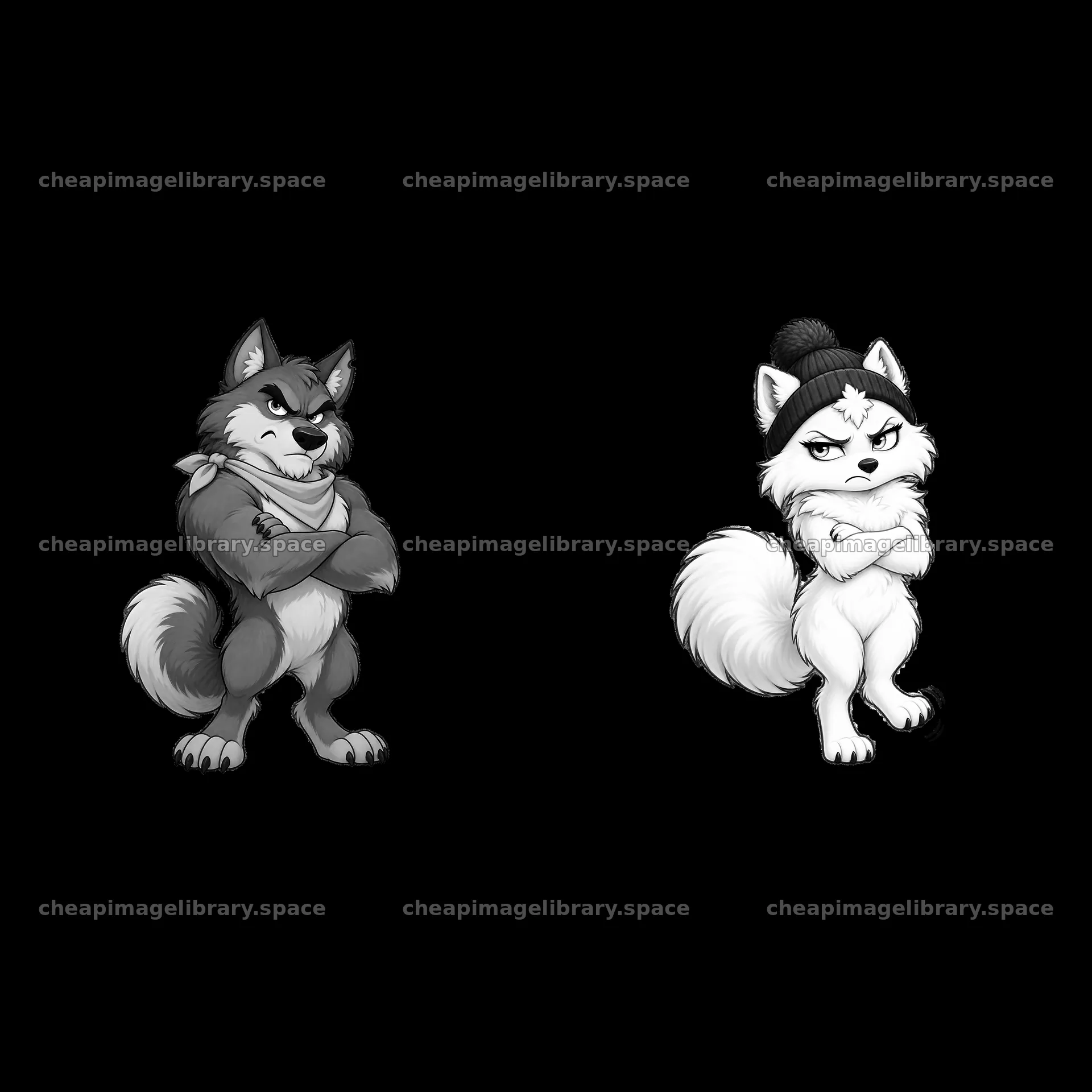 Grumpy wolves with crossed arms in black-and-white sticker design – image library 7746x7746