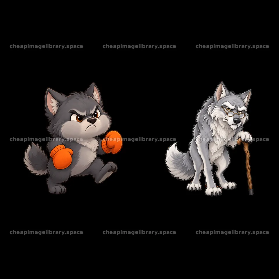 Grumpy wolf cartoon characters with boxing gloves and cane – image library 7746x7746