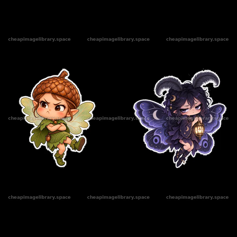 Kawaii grumpy fairy pair with acorn cap and lantern accessory – image library 7746x7746