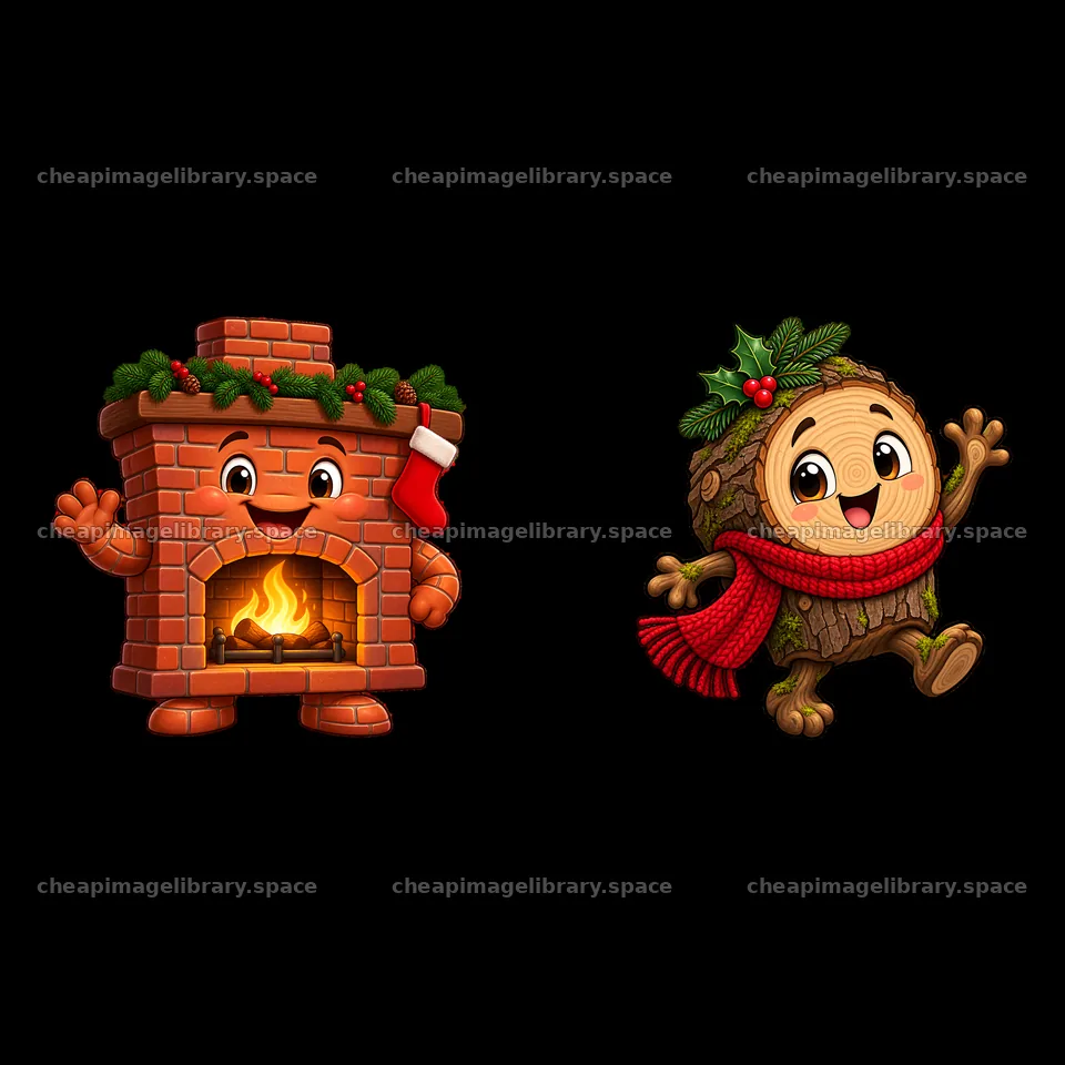 Cheerful cartoon fireplace and happy log character for Christmas – image library 7746x7746