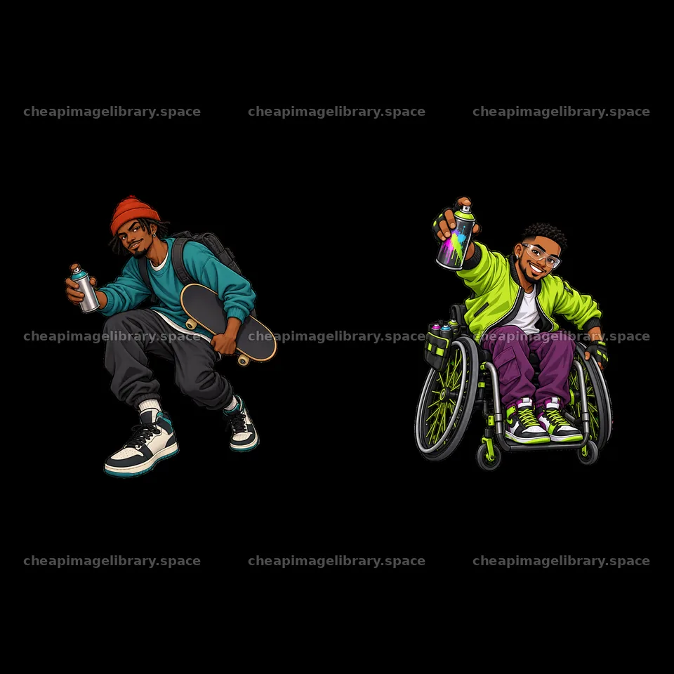 Skateboarder and artist in wheelchair spray painting duo – image library 7746x7746