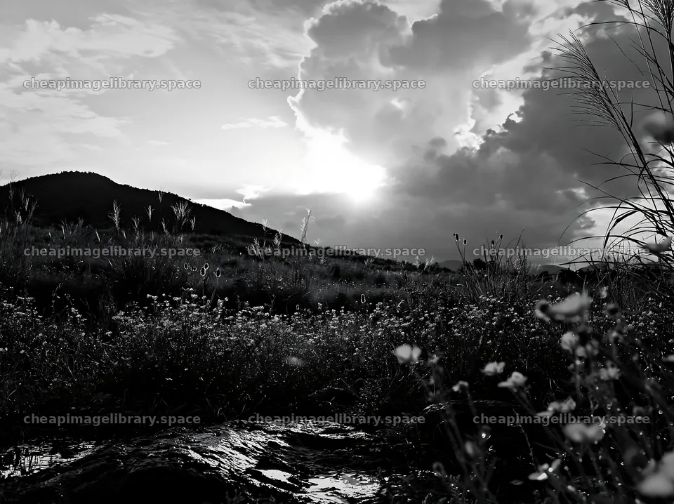 Yamanashi regenerative meadow with basalt stones under sunset – image library 9174x6866