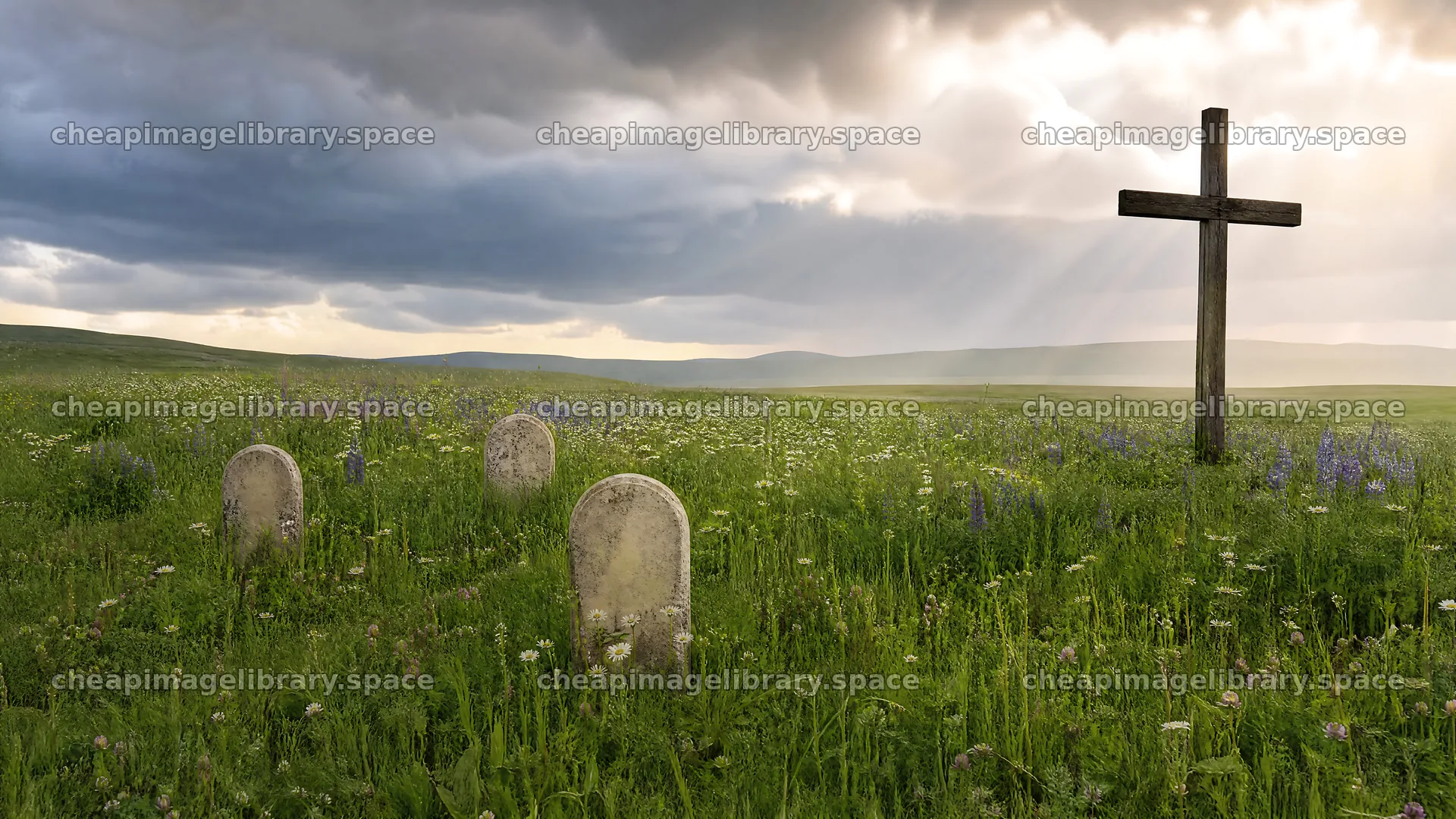 Christian cross in meadow with light rays shining from the sky – image library 10584x5952