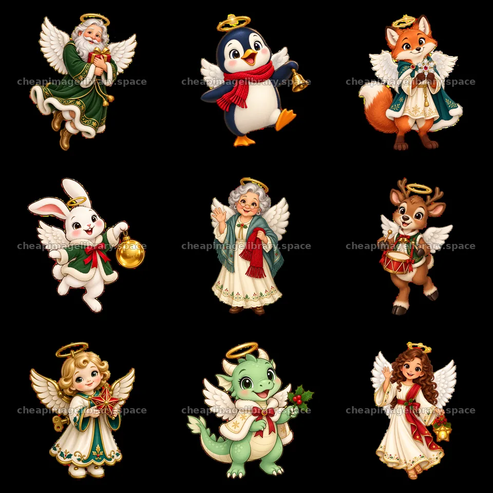 Christmas angel characters in a festive 3x3 layout – image library 7746x7746