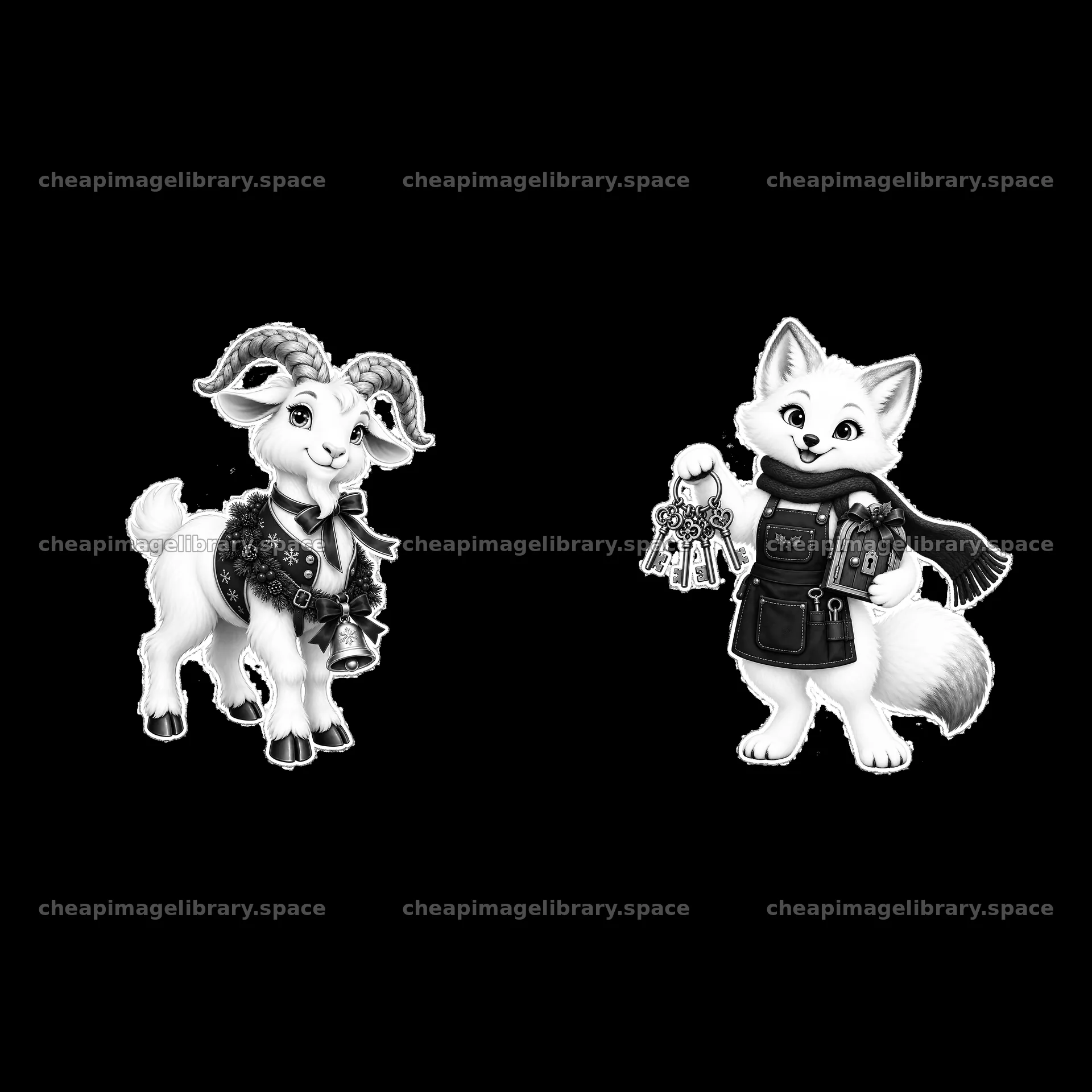 Cartoon goat and fox with keys by Christmas door – image library 7746x7746