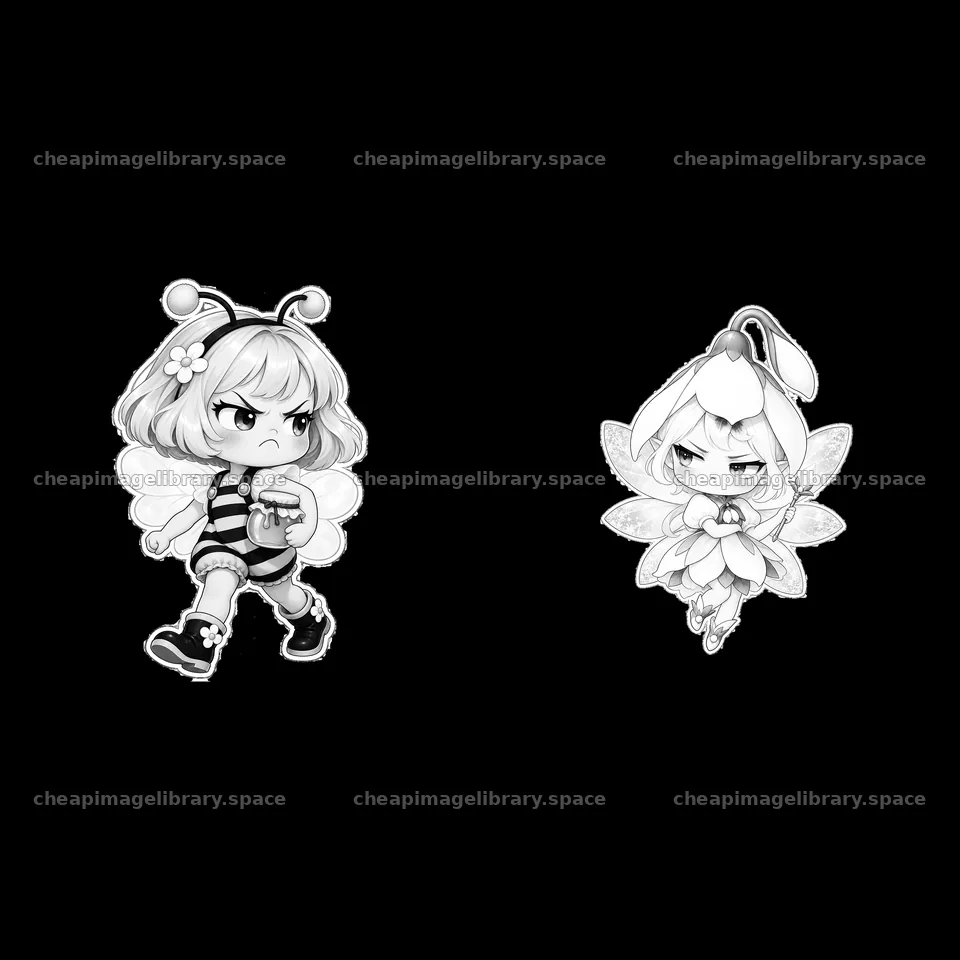 Kawaii grumpy fairy and bee character stickers in monochrome style – image library 7746x7746