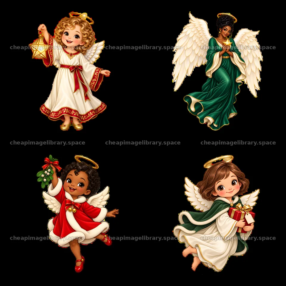 Christmas angels with gifts, stars, and mistletoe in a 2x2 layout – image library 7746x7746