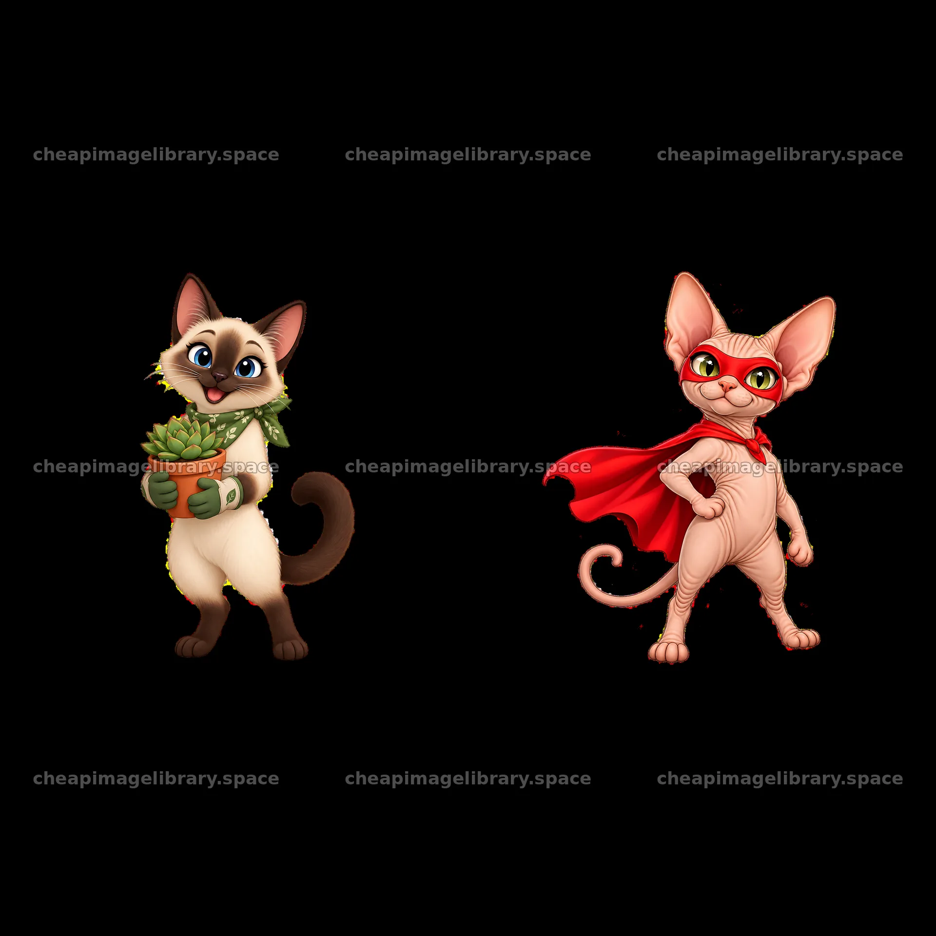 Cute cat characters in superhero and gardener outfits – image library 7746x7746