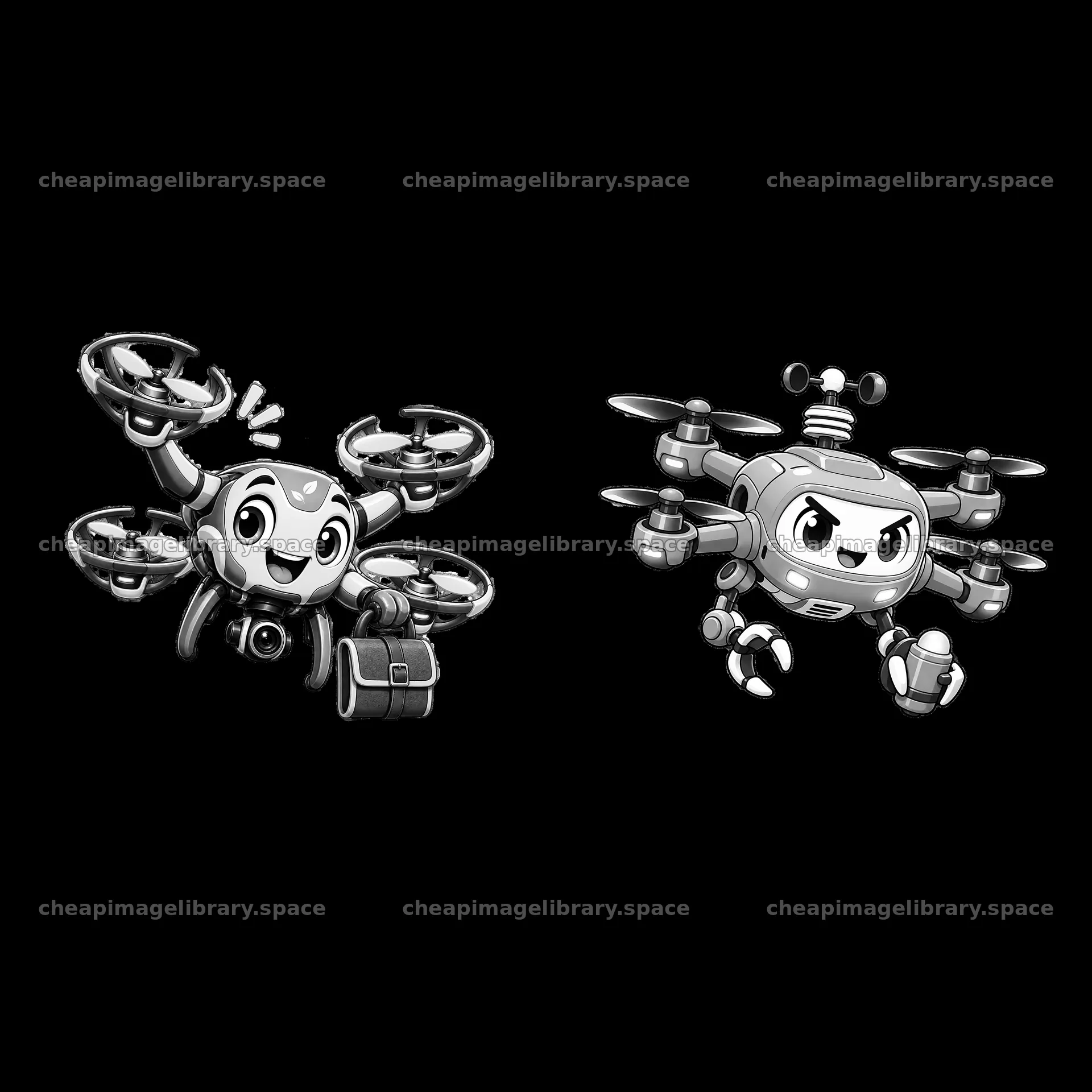 Cartoon drone characters with distinct designs and accessories – image library 7746x7746