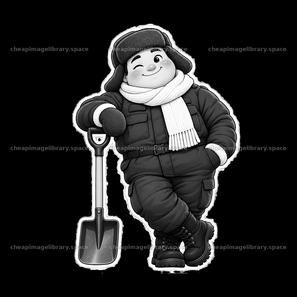 Chubby soldier in winter gear with shovel and scarf – image library 7746x7746