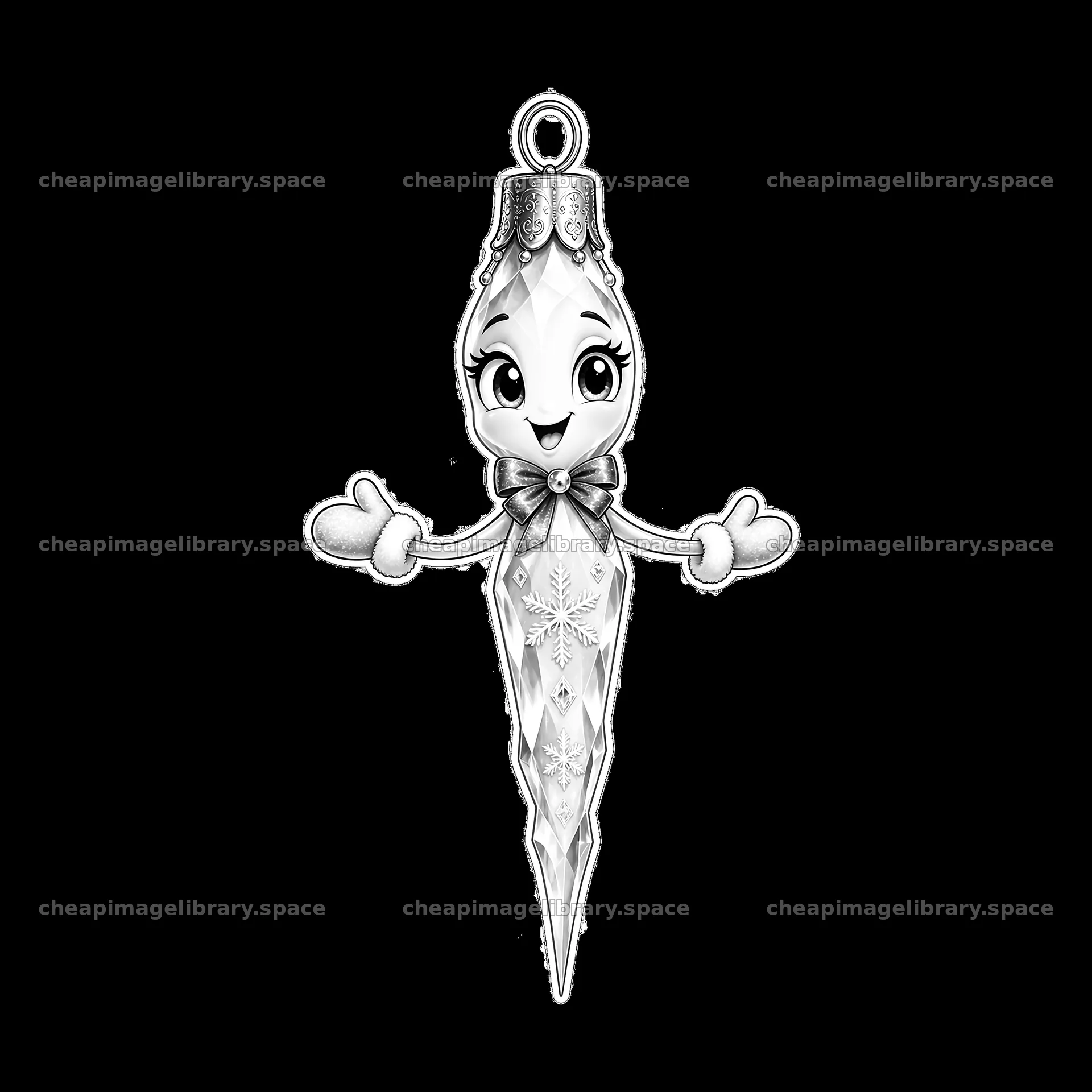 Cartoon snowflake ornament with facial expression and cheerful pose – image library 7746x7746