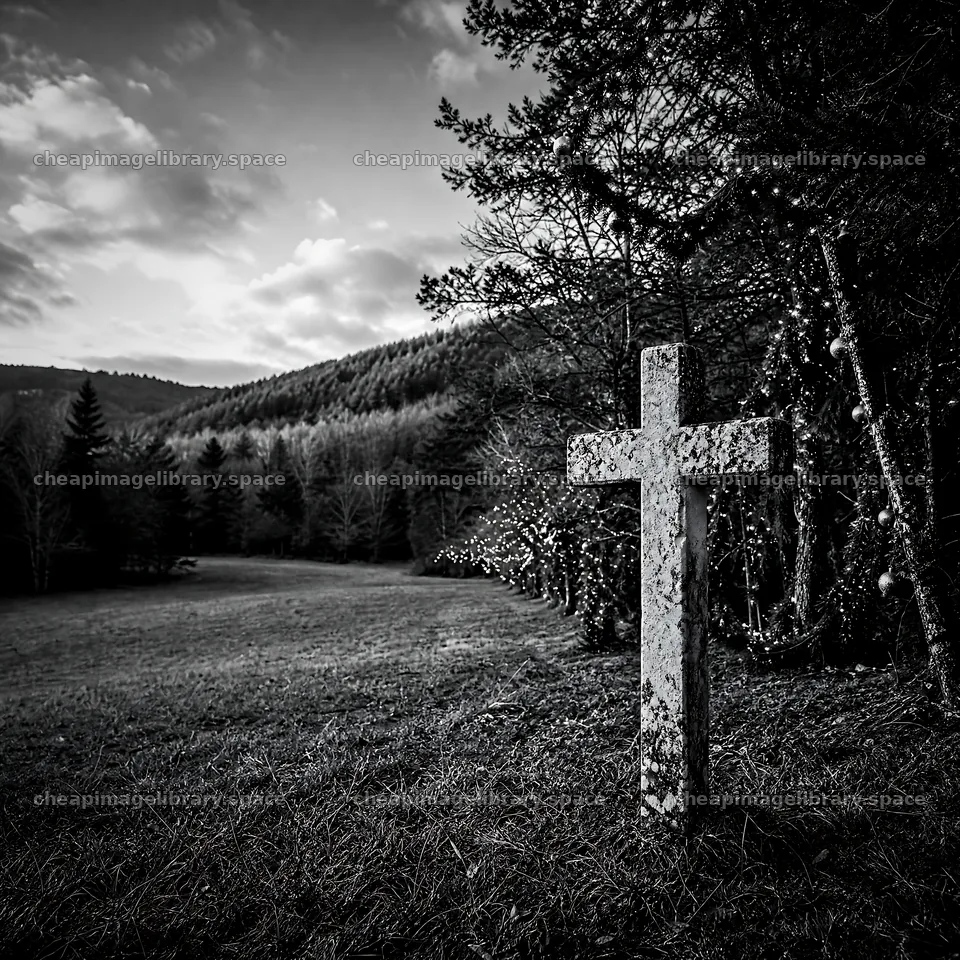 Aged Christian cross in autumn valley meadow – image library 7938x7938