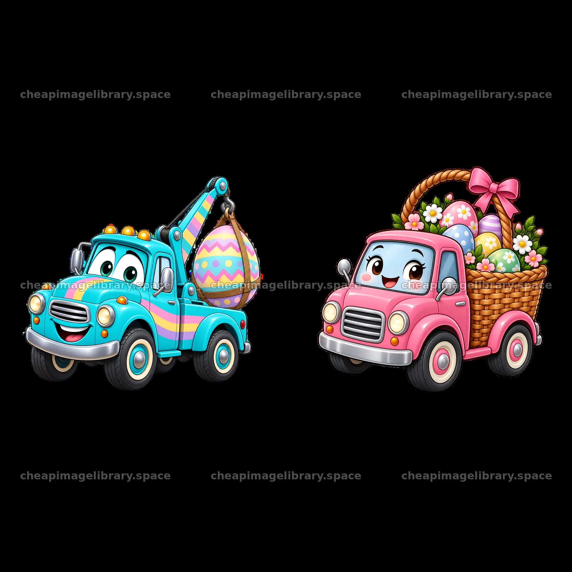 Easter trucks with eggs and baskets in a cheerful design – image library 7746x7746