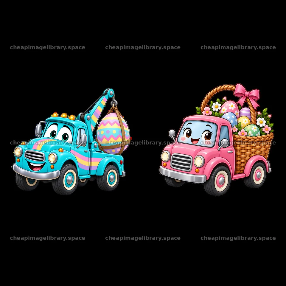 Easter trucks with eggs and baskets in a cheerful design – image library 7746x7746