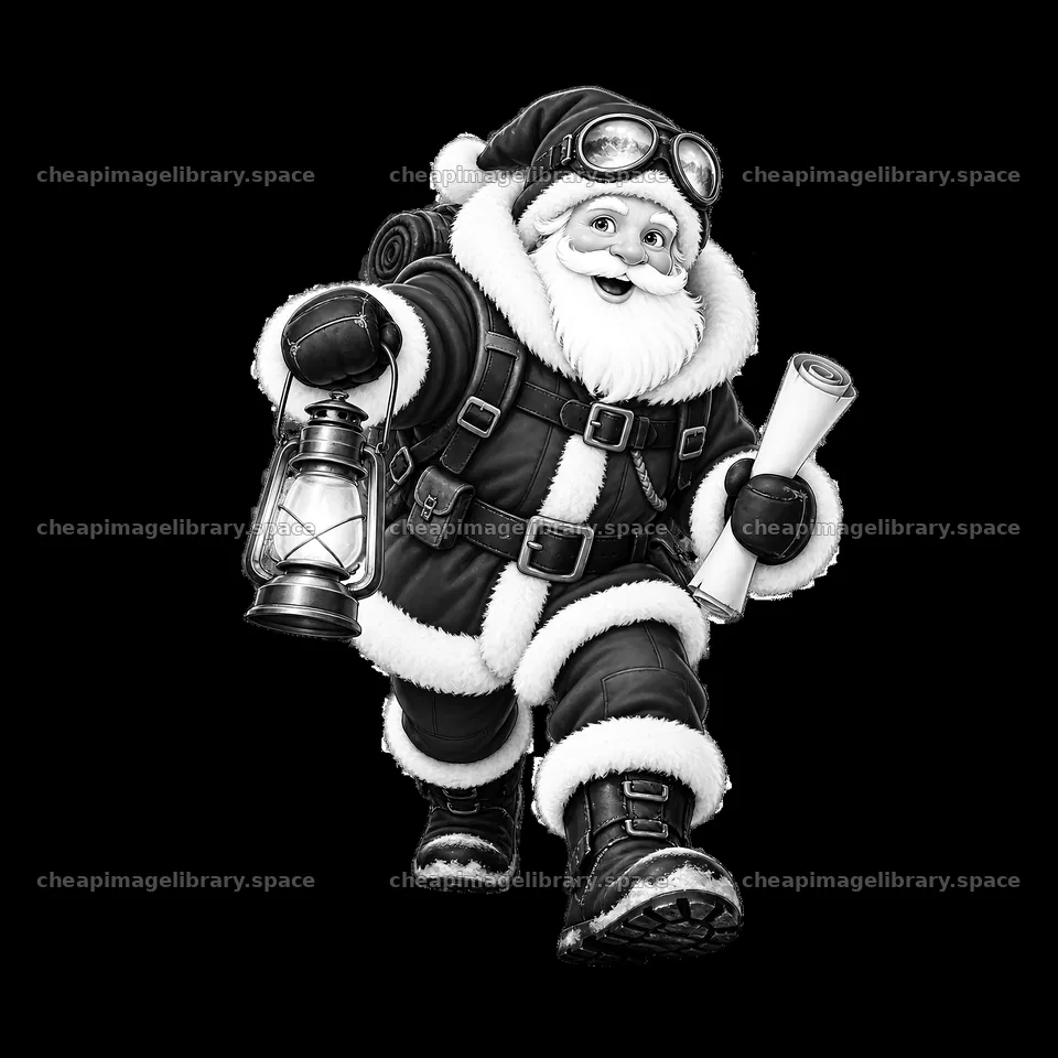 Santa Claus carrying a lantern and a scroll wearing adventure gear – image library 7746x7746