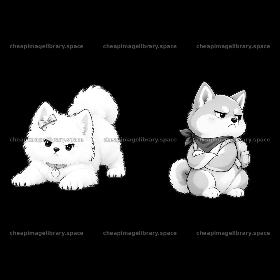 Kawaii grumpy dog sticker pair with distinct expressions – image library 7746x7746
