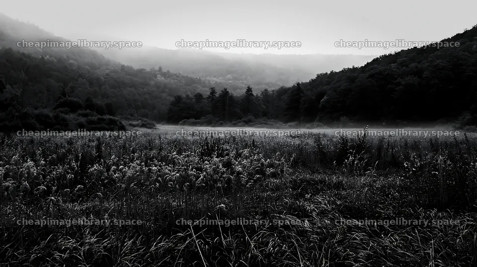 Hungarian meadow in wooded valley at dawn – image library 10608x5938