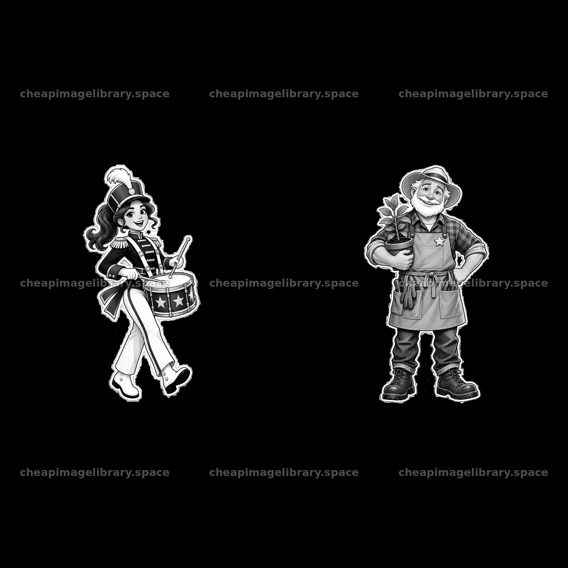 Drummer girl and gardener with plants in B&W illustration – image library 7746x7746
