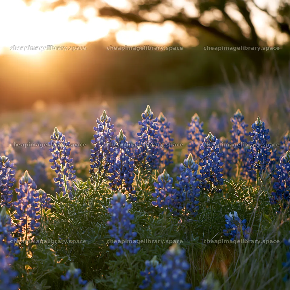 Bluebonnet meadow at sunrise with vibrant flowers – image library 7938x7938