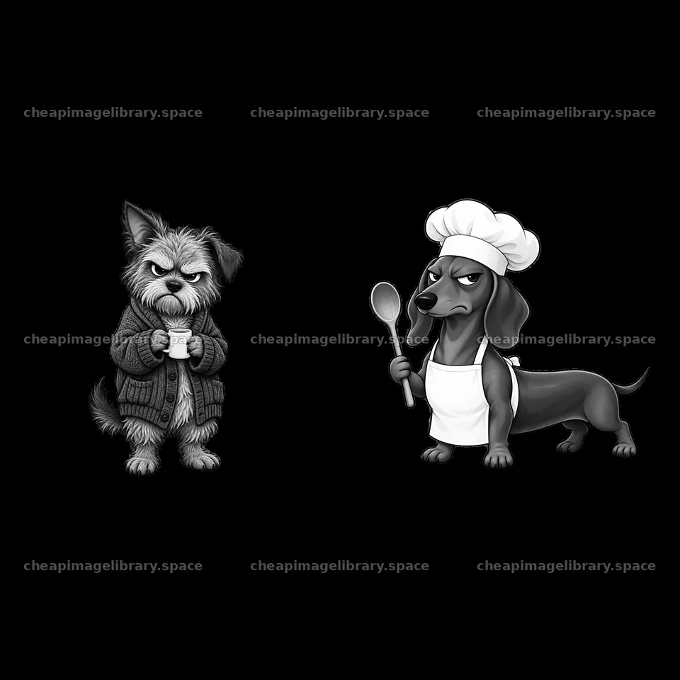 Grumpy dog holding a mug and a cook dog with a spoon – image library 7746x7746
