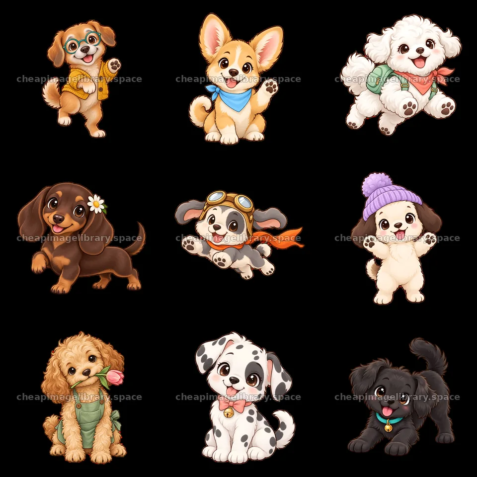 Cute dog cartoon stickers in a 3x3 layout featuring different breeds – image library 7746x7746