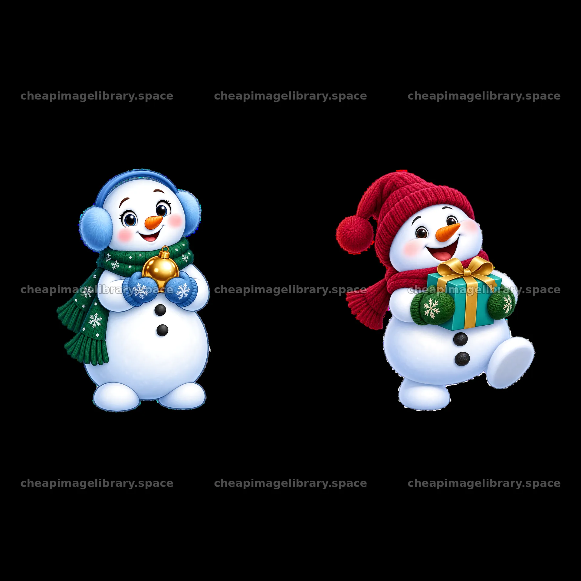 Cute snowmen with gifts and bells in a joyful Christmas scene – image library 7746x7746