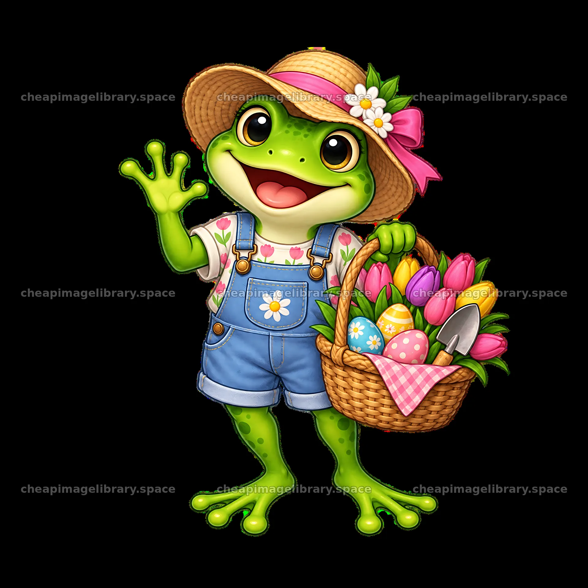 Frog character with basket of Easter eggs and flowers – image library 7746x7746