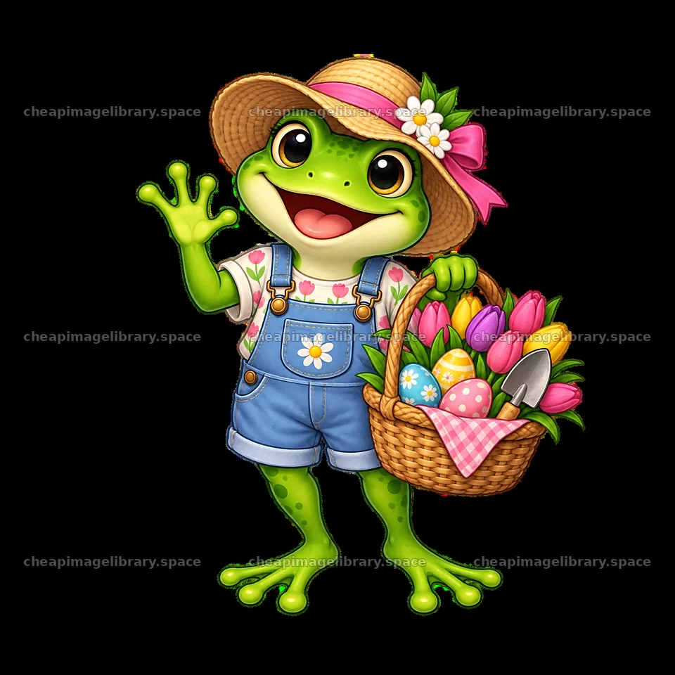 Frog character with basket of Easter eggs and flowers – image library 7746x7746