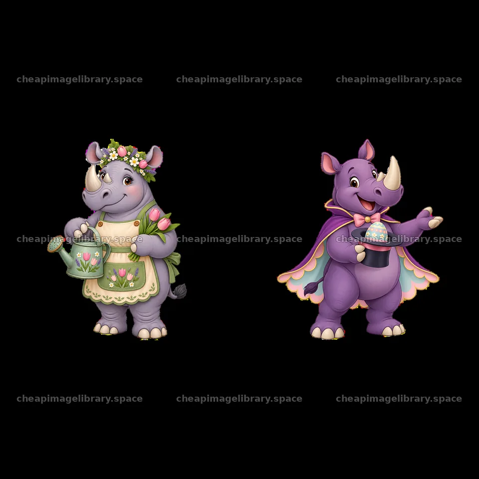 Easter rhinoceroses holding flowers and gifts in a festive setting – image library 7746x7746