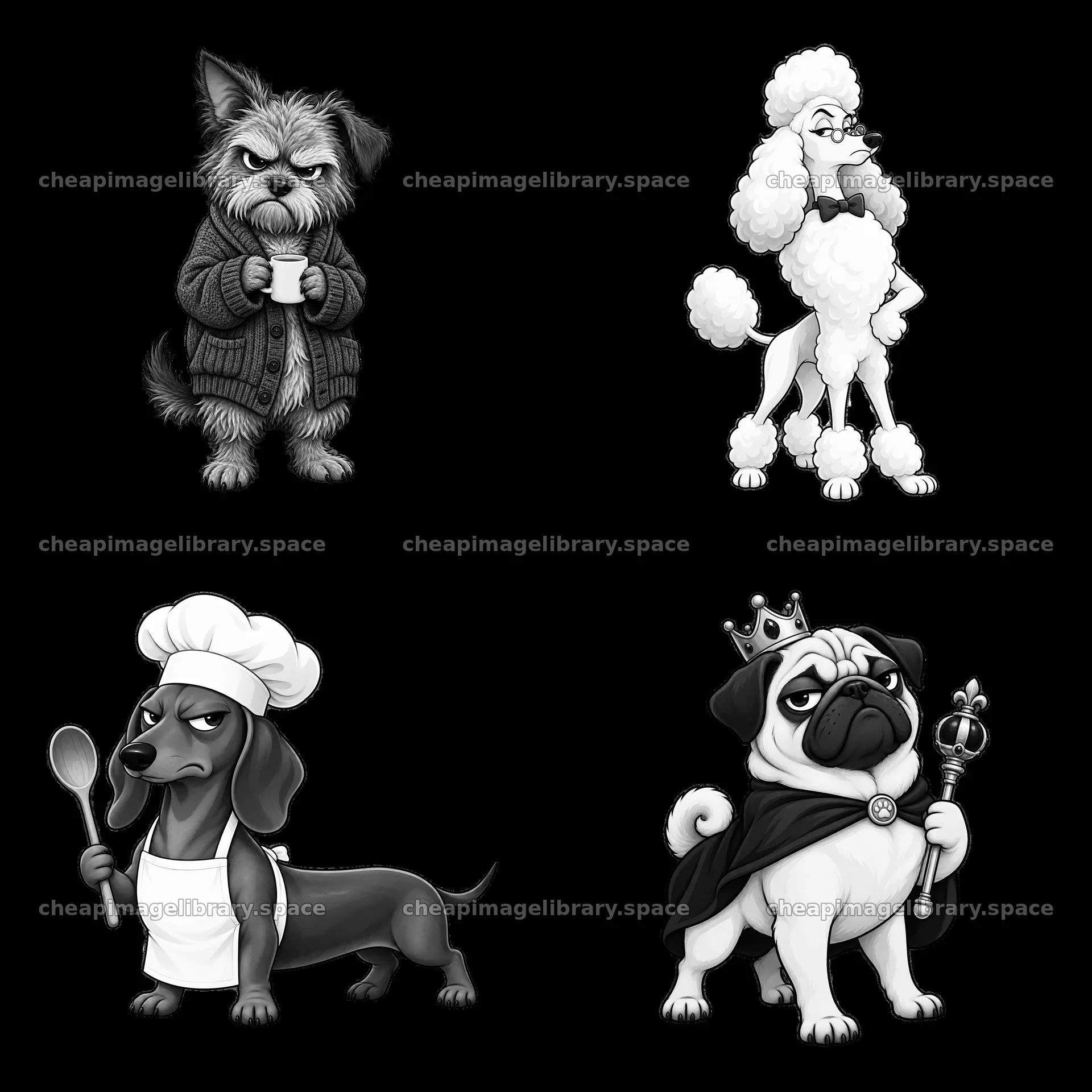 Grumpy dog characters in a 2x2 arrangement with distinct poses – image library 7746x7746