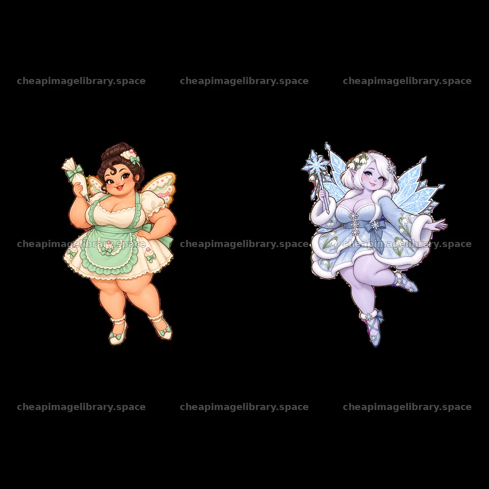 Kawaii ultra-fat fairies in pastel garments holding accessories – image library 7746x7746